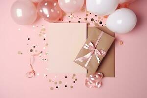ai gegenereerd roze en goud confetti en ballonnen Aan een roze achtergrond foto
