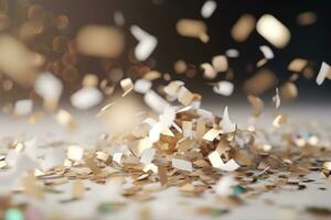 ai gegenereerd gouden confetti vallend Aan een wit achtergrond foto