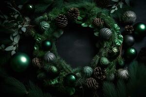ai gegenereerd Kerstmis krans met groen ballen en pijnboom kegels Aan een zwart achtergrond foto