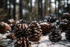 ai gegenereerd pijnboom kegels in de sneeuw foto