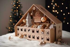 ai gegenereerd een houten huis met Kerstmis decoraties Aan top foto