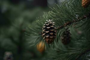 ai gegenereerd dichtbij omhoog van pijnboom kegels Aan een pijnboom boom foto