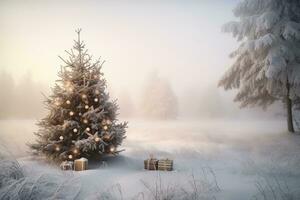 ai gegenereerd Kerstmis boom in een besneeuwd veld- met presenteert foto