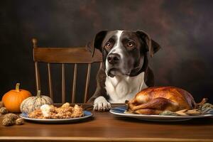 ai gegenereerd een hond zit Bij een tafel met een kalkoen en andere voedsel foto