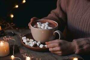 ai gegenereerd een persoon Holding een kop van heet chocola met marshmallows foto