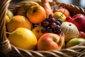 ai gegenereerd een mand gevulde met divers fruit en groenten foto