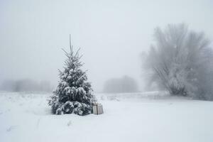 ai gegenereerd een single boom in de midden- van een besneeuwd veld- foto