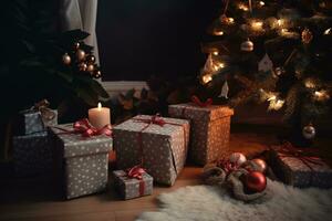 ai gegenereerd Kerstmis cadeaus onder de boom foto
