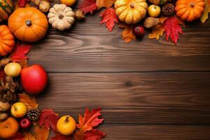 herfst oogst achtergrond met pompoenen, squash en bladeren Aan houten tafel foto