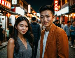 ai gegenereerd foto van senior Aziatisch vrouw gedurende zwaar regen en overstroming Aan weg Bij Chinatown straat Bij nacht, generatief ai