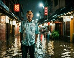 ai gegenereerd foto van senior Aziatisch vrouw gedurende zwaar regen en overstroming Aan weg Bij Chinatown straat Bij nacht, generatief ai