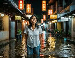 ai gegenereerd foto van senior Aziatisch vrouw gedurende zwaar regen en overstroming Aan weg Bij Chinatown straat Bij nacht, generatief ai