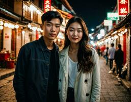 ai gegenereerd foto van senior Aziatisch vrouw gedurende zwaar regen en overstroming Aan weg Bij Chinatown straat Bij nacht, generatief ai