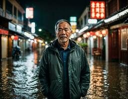 ai gegenereerd foto van senior Aziatisch vrouw gedurende zwaar regen en overstroming Aan weg Bij Chinatown straat Bij nacht, generatief ai