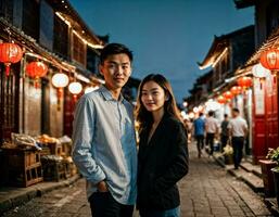 ai gegenereerd foto van senior Aziatisch vrouw gedurende zwaar regen en overstroming Aan weg Bij Chinatown straat Bij nacht, generatief ai