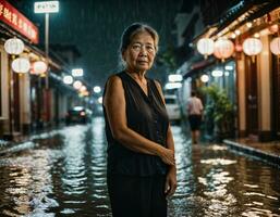 ai gegenereerd foto van senior Aziatisch vrouw gedurende zwaar regen en overstroming Aan weg Bij Chinatown straat Bij nacht, generatief ai