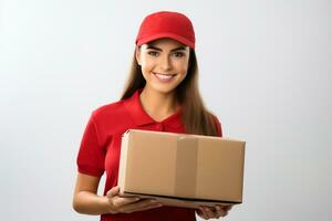 ai gegenereerd mooi jong vrouw koerier in een rood pet en t-shirt. de levering meisje is Holding een karton doos foto