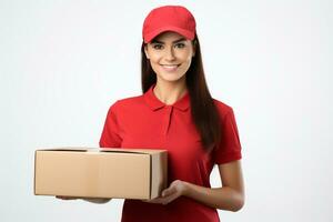 ai gegenereerd mooi jong vrouw koerier in een rood pet en t-shirt. de levering meisje is Holding een karton doos foto