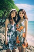 ai gegenereerd twee Japans Dames in jurken staand Aan de strand foto