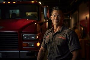 ai gegenereerd portret van mannetje brandweerman glimlachen in voorkant van brand vrachtauto bokeh stijl achtergrond foto
