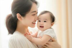 ai gegenereerd Aziatisch moeder Holding haar baby bokeh stijl achtergrond foto