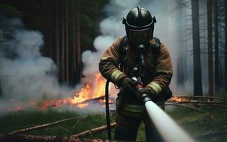 ai gegenereerd brandweerlieden blussen een Woud brand brandweerman sprays water Aan brand naar zetten uit branden brandend in de Woud milieu ramp concept foto