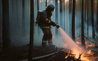 ai gegenereerd brandweerlieden blussen een Woud brand brandweerman sprays water Aan brand naar zetten uit branden brandend in de Woud milieu ramp concept foto