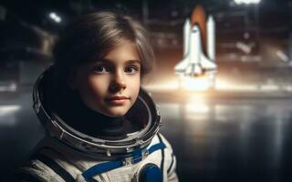 ai gegenereerd 10 jaar oud jongen in een ruimte pak achtergrond van ruimte shuttle lancering station en ruimteschip kinderen carrière droom concept foto