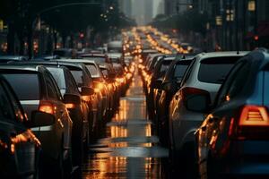 ai gegenereerd verkeer jam Aan de straat bokeh stijl achtergrond foto