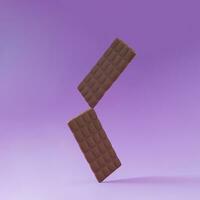 creatief lay-out gemaakt met heerlijk chocolaatjes Aan licht Purper achtergrond. minimaal concept. lekker chocola bars samenstelling. modieus en smakelijk zoet voedsel idee. chocola esthetisch achtergrond. foto