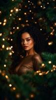 foto van een mooi vrouw in een Kerstmis boom met Kerstmis bomen achter haar ai gegenereerd