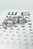 bril voor controle gezichtsvermogen. bril selectie Aan modern diagnostisch uitrusting in een oogheelkundig kliniek. oog test tabel met bril. foto