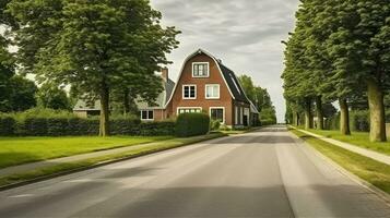 asfalt rijweg tegen woning gebouw buitenkant en weiden met bomen in utrecht nederland. generatief ai foto