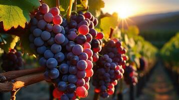 schemering druiven Aan de wijnstokken badend in zonlicht. generatief ai foto