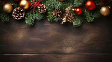Kerstmis achtergrond met Spar boom en decor. top visie. generatief ai foto
