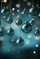 Kerstmis kerstballen in de sneeuw, vakantie ballen hangen, Kerstmis achtergrond, ai generatief foto