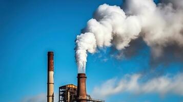 industrieel rook van schoorsteen Aan blauw lucht, generatief ai foto