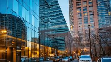 hedendaags hoog stijgen met meerdere verdiepingen gebouwen met glas gespiegeld muren Aan kalmte straat in downtown met restaurants Clubs en reclame kantoren, generatief ai foto