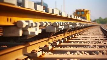 spoorweg of spoorweg bouw plaats, spoorweg bijhouden installatie machine is in gebruik - perspectief visie van beton spoorweg banden in spoorweg bouw plaats. generatief ai foto