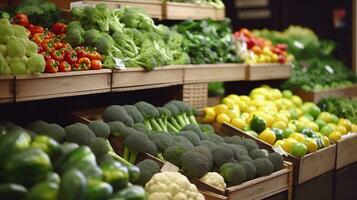 supermarkt vitrine met houten dozen van groenten. biologisch vers broccoli, paprika, sla, ui. generatief ai foto