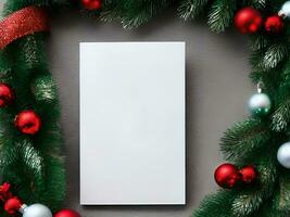blanco papier kaart met Kerstmis decoratie voorwerpen in de omgeving van - gegenereerd beeld foto