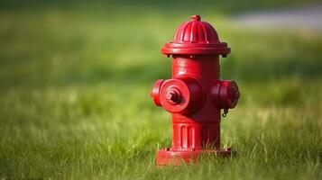 helder rood geïsoleerd brand hydrant zit in een vers besnoeiing gras veld, generatief ai foto