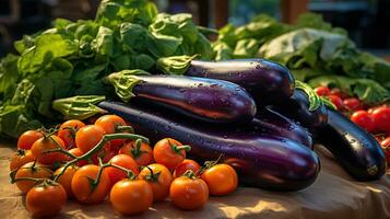 vers aubergine en wortels glans Bij de boer markt. generatief ai foto