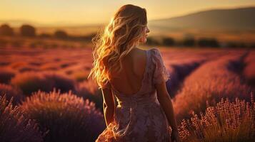 boeiend uitzicht van een jong vrouw in een bloeiend lavendel veld. generatief ai foto