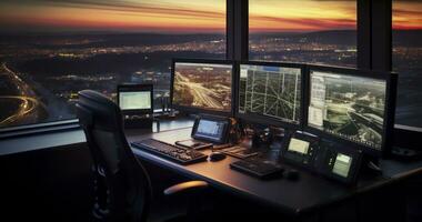 voogden van de lucht - lucht verkeer controleur in luchthaven controle toren. generatief ai foto