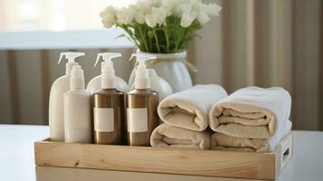 netheid in hout - handdoek organisator en zeep Aan Scherm. generatief ai foto