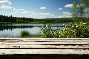 houten platform of podium met meer en natuur achtergrond, Product plaatsing ai gegenereerd foto