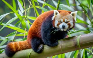 ai gegenereerd sereen toevluchtsoord, een rood panda's bamboe gelukzaligheid foto