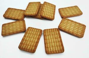 maan van biscuits geïsoleerd. Indisch tarwe gemaakt zoet en smakelijk biscuits wit achtergrond. biscuits net zo het beste ontbijt Bij thee tijd. foto