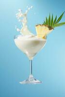 ai gegenereerd pina colada cocktail met vloeistof spatten en ananas plak vliegend in de lucht Aan blauw achtergrond. ai gegenereerd. foto